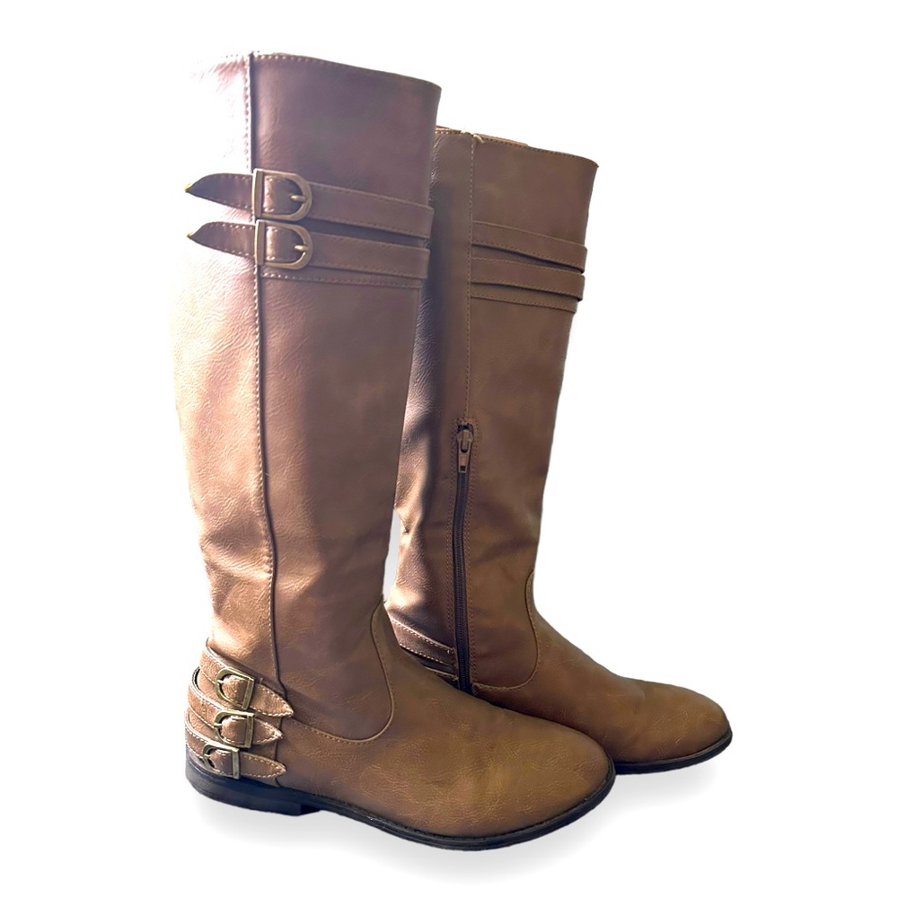 Brown tall boots with strap details